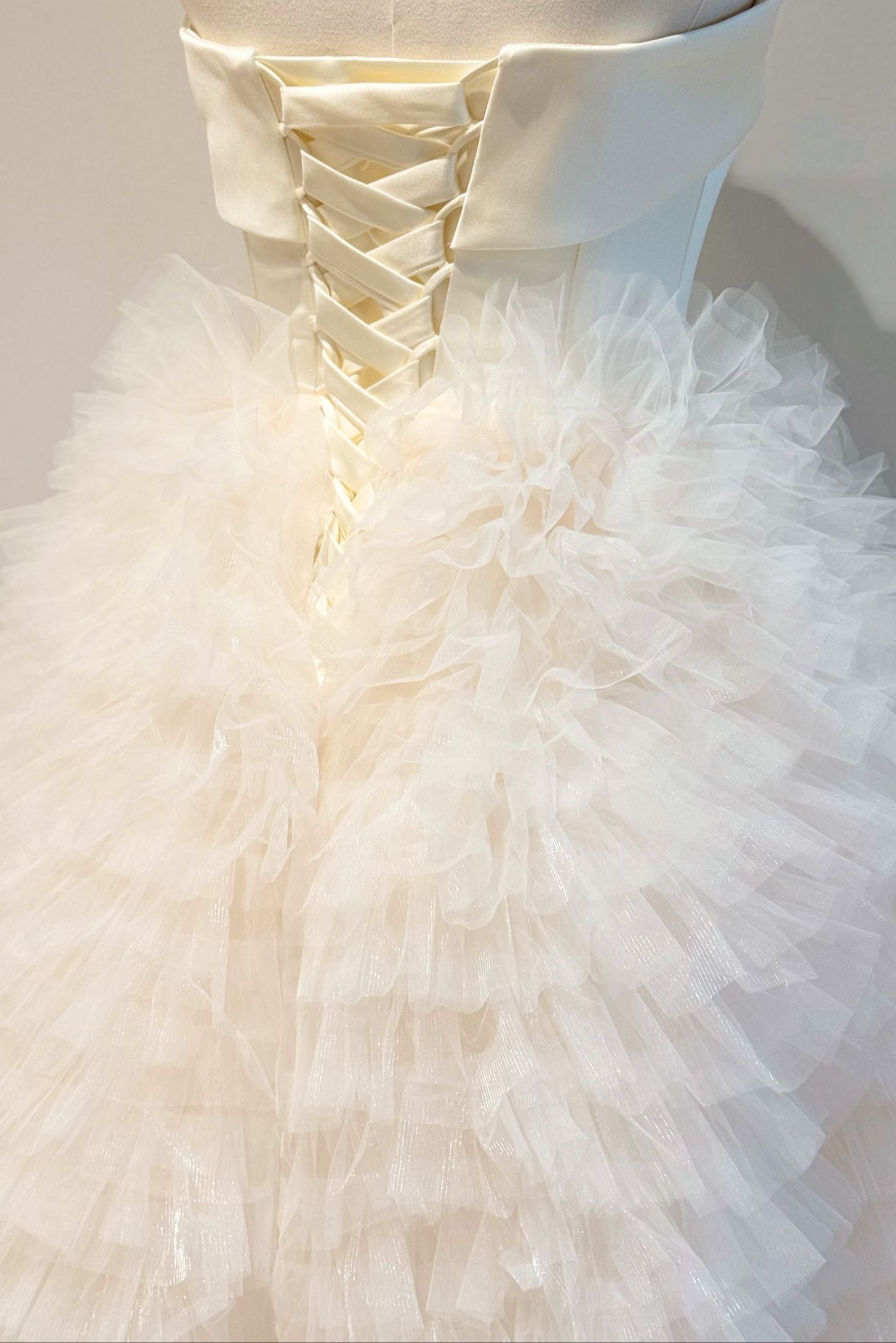 Ivory Strapless Tulle Ruffle Midi Dress