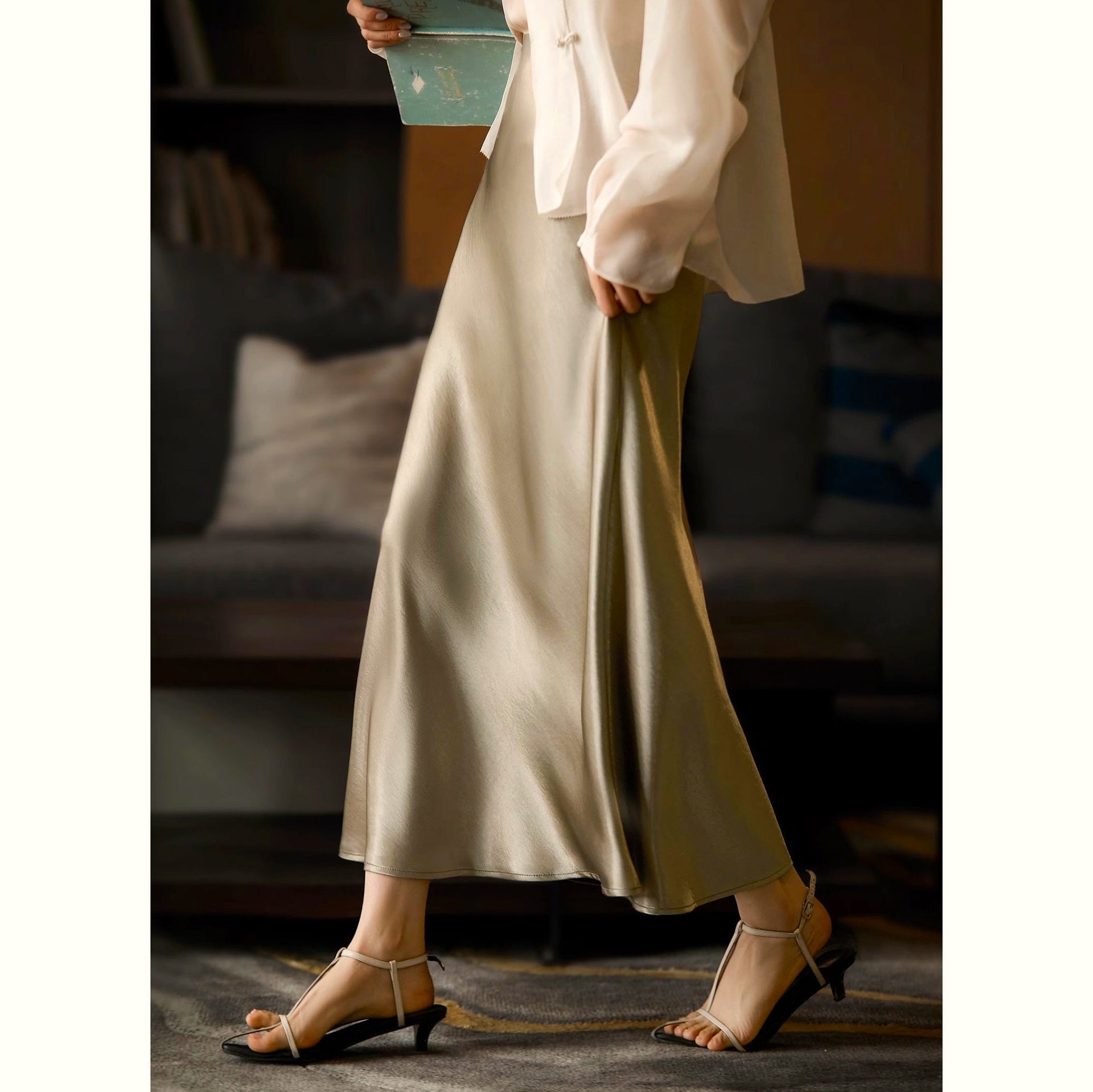 Elegant Silk Satin Midi Skirt