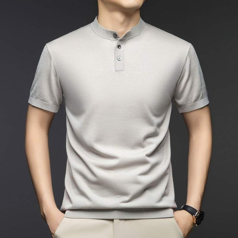 Tech-Knit Band Collar Polo in Steel Grey