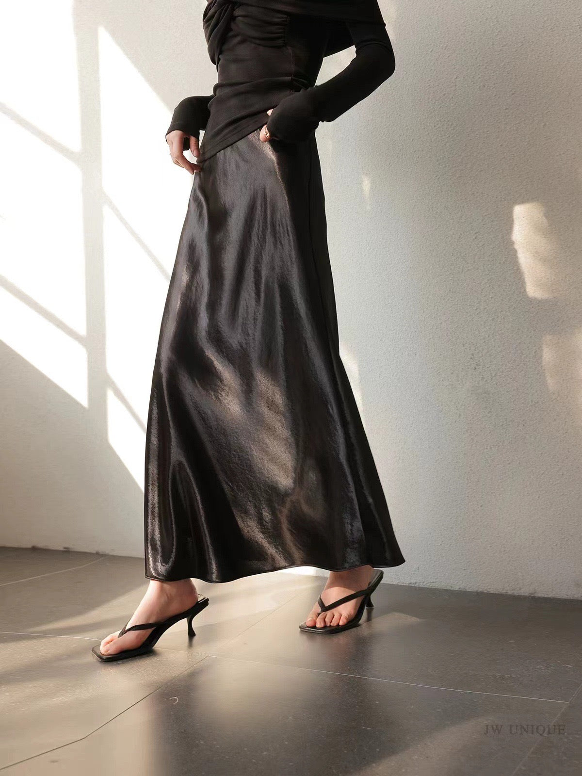 Elegant Silk Satin Midi Skirt