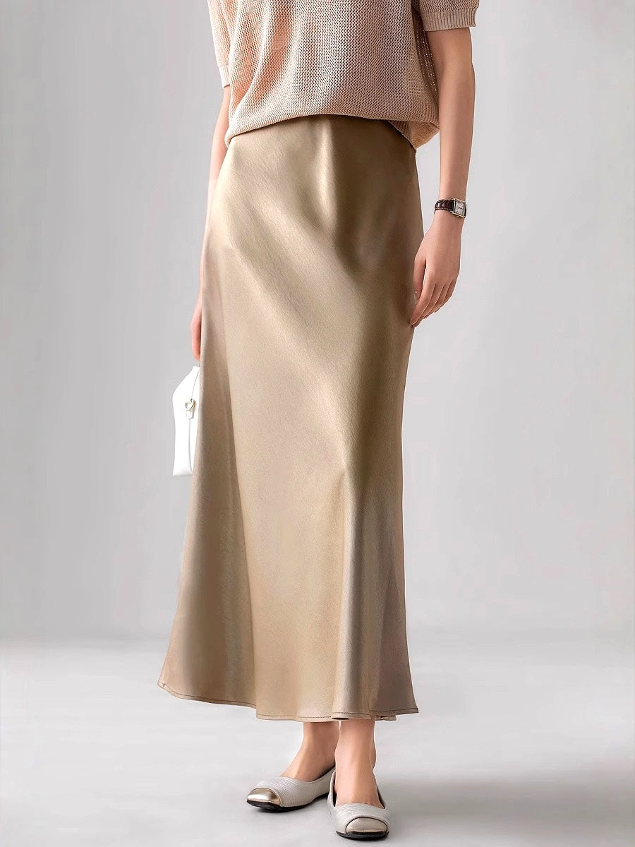 Elegant Silk Satin Midi Skirt