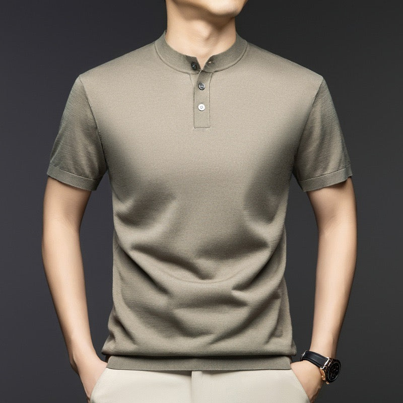 Tech-Knit Band Collar Polo in Steel Grey