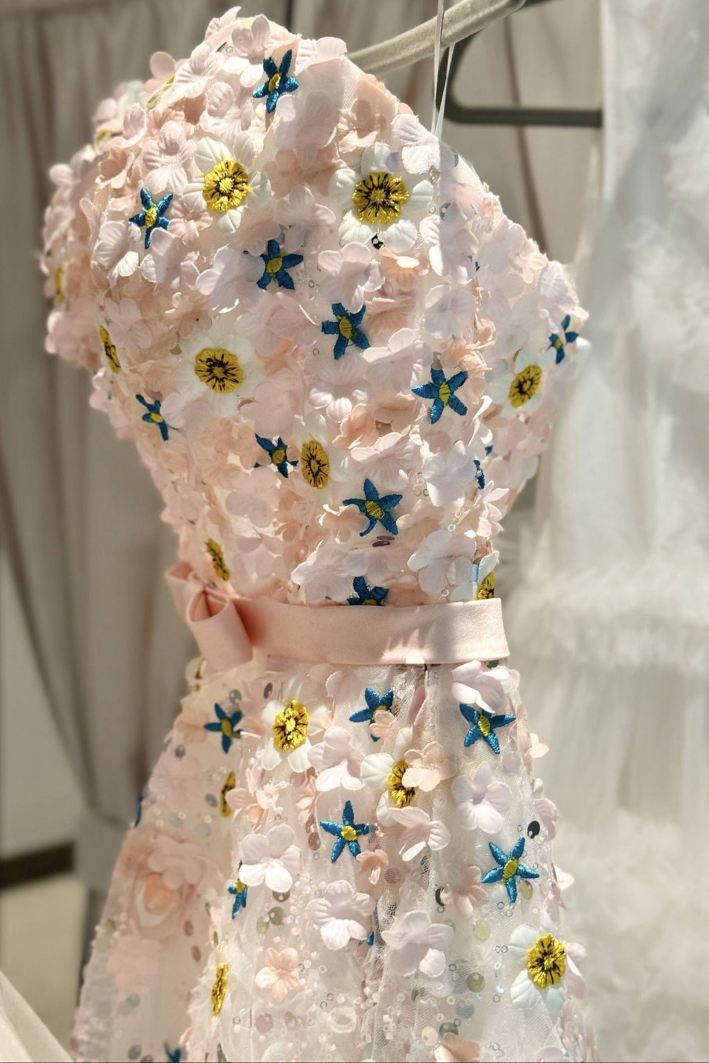 Hand embroidered pink flower couture atelier mini dress