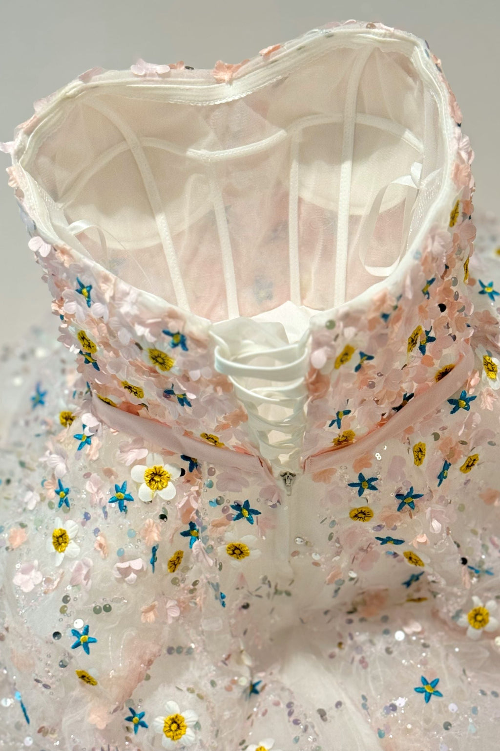 Hand embroidered pink flower couture atelier mini dress