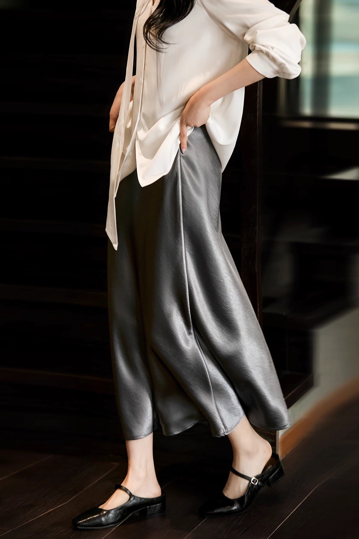 Elegant Silk Satin Midi Skirt