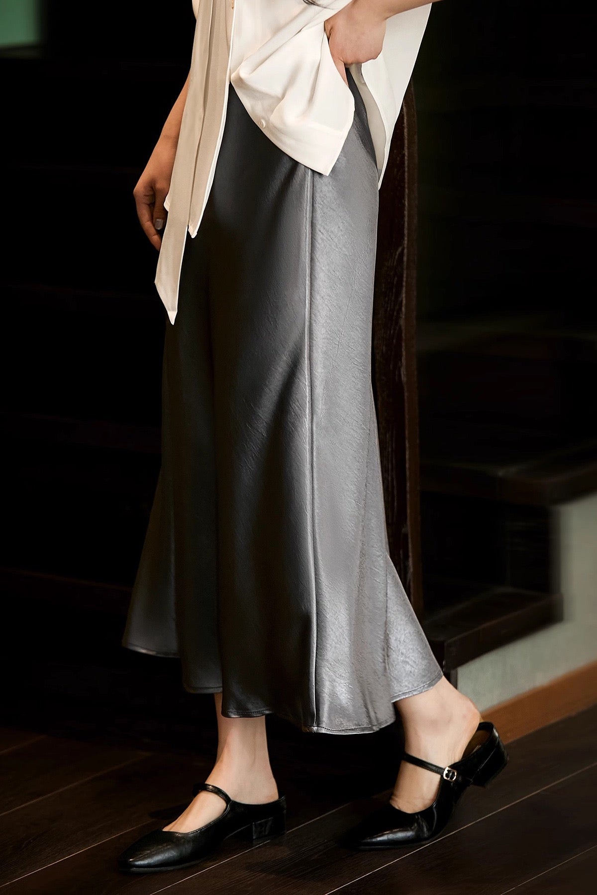 Elegant Silk Satin Midi Skirt
