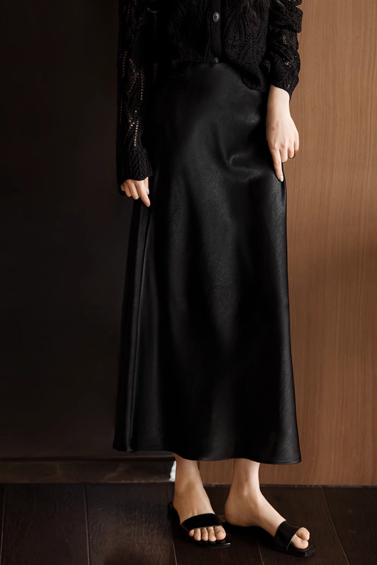 Elegant Silk Satin Midi Skirt