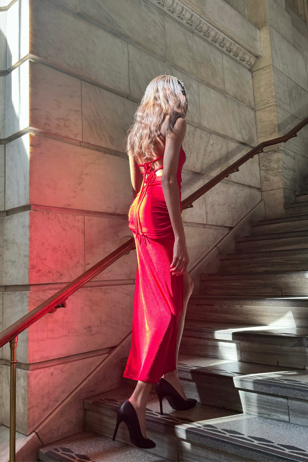 Red dapped fit high slit maxi cocktail dress