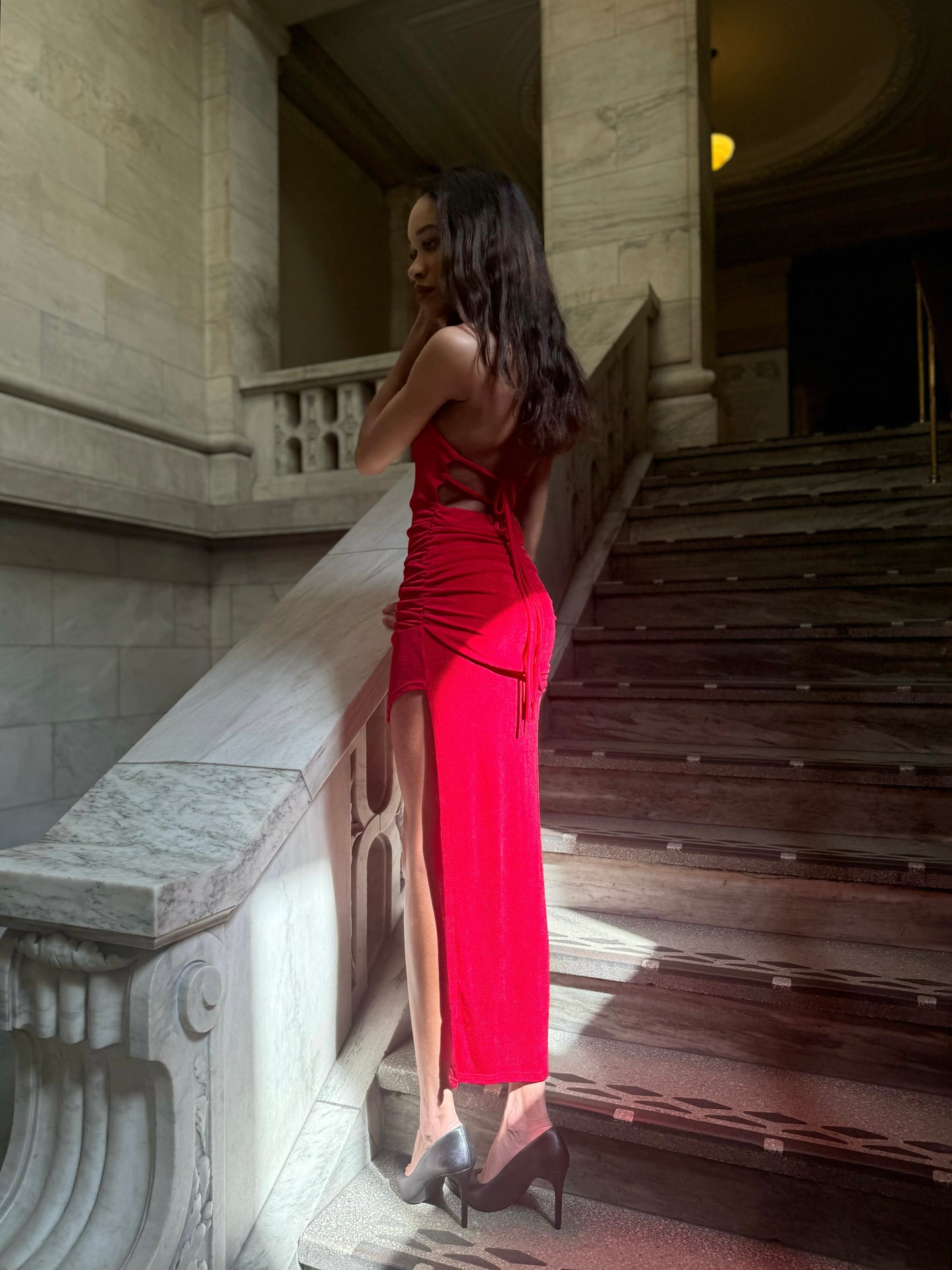 Katherine red dapped fit high slit maxi cocktail dress