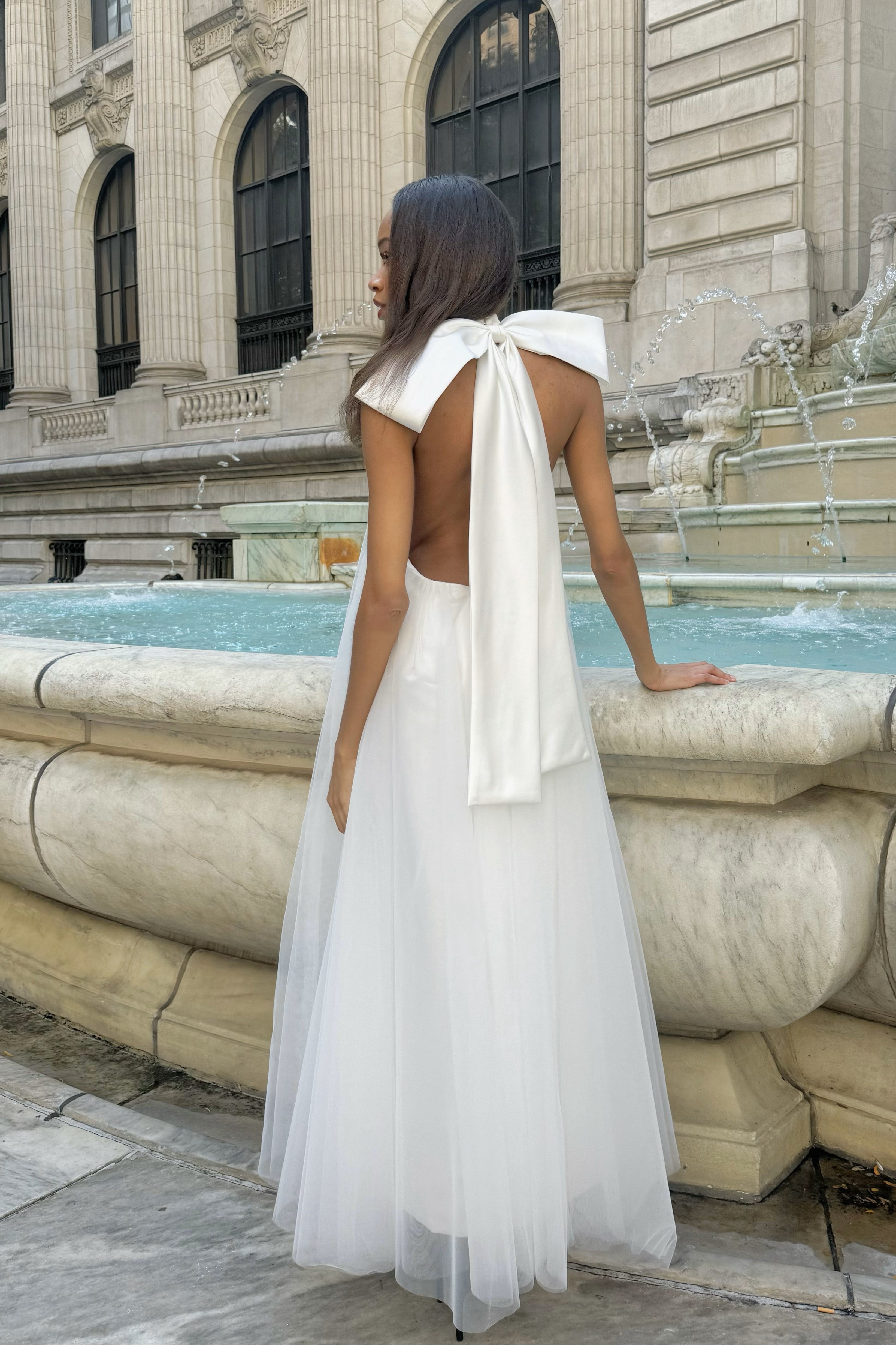 Iris Backless Tulle Gown with Oversized Satin Bow White / XS / US 0-2 Iris Backless Tulle Gown with Oversized Satin Bow White / XS / US 0-2