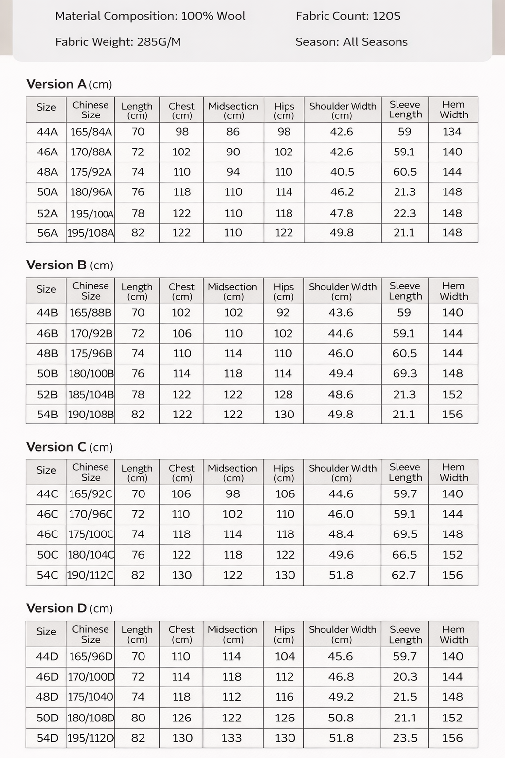 Wool fabric size chart with measurements for various sizes.