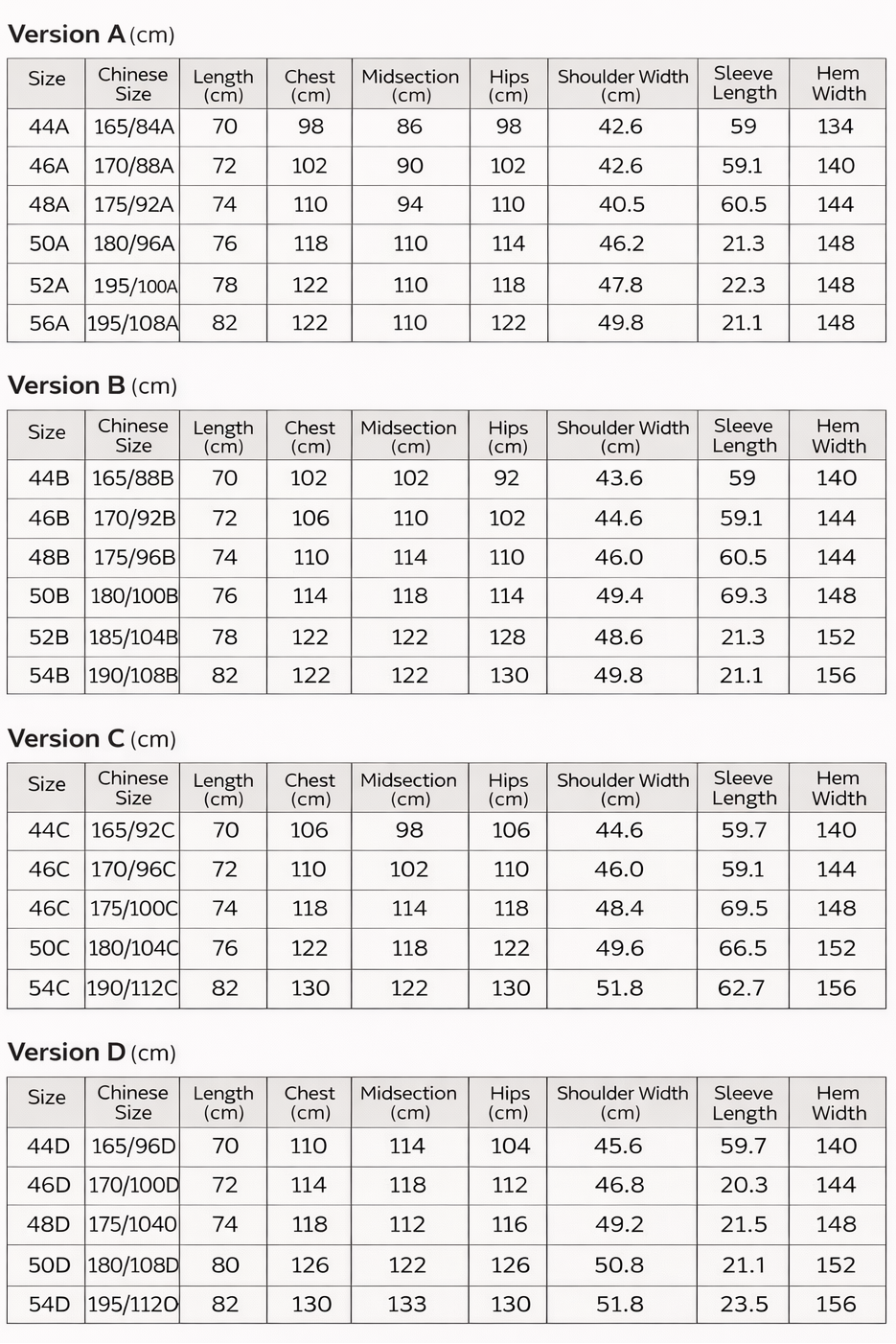 Wool fabric size chart with measurements for various sizes.