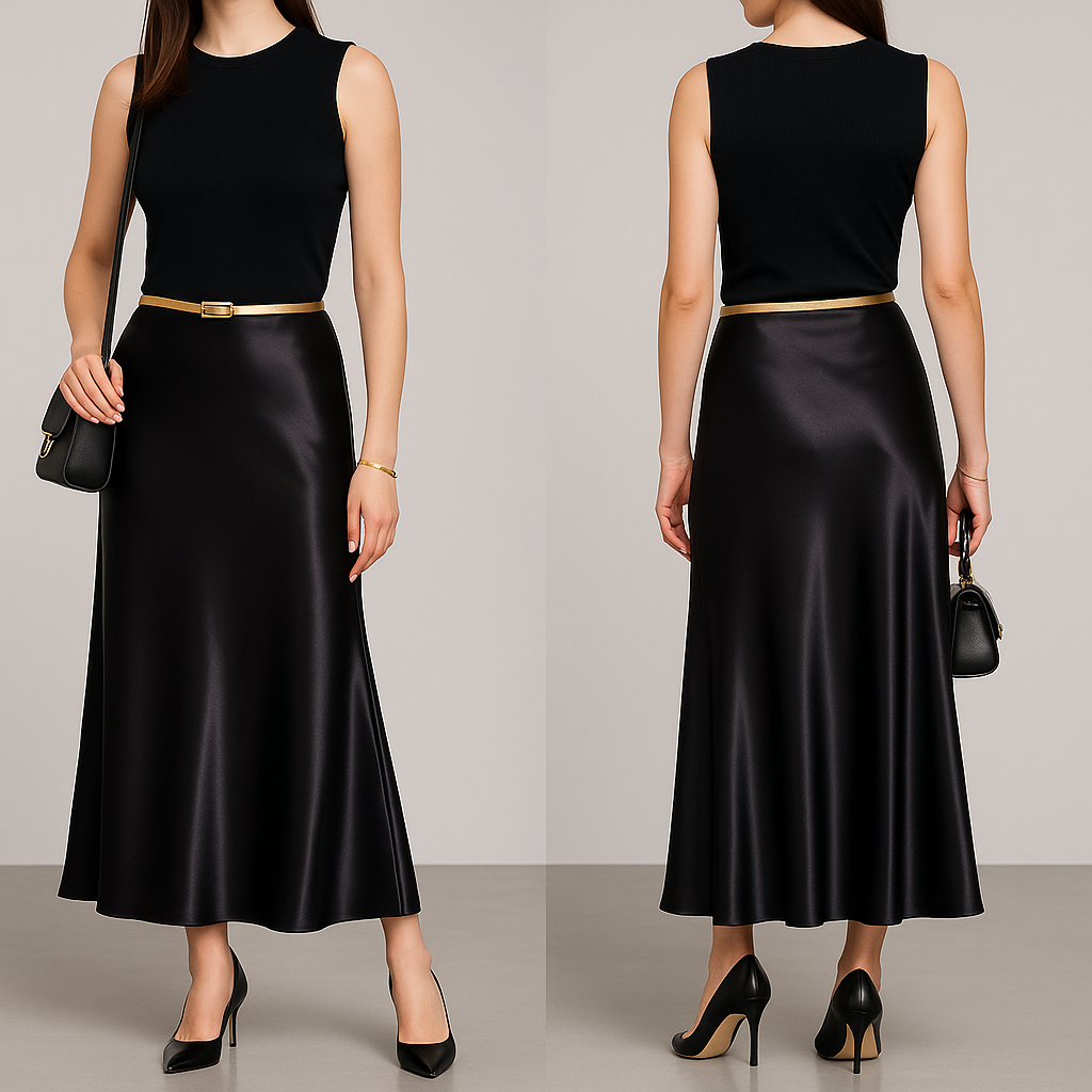 Elegant Silk Satin Midi Skirt