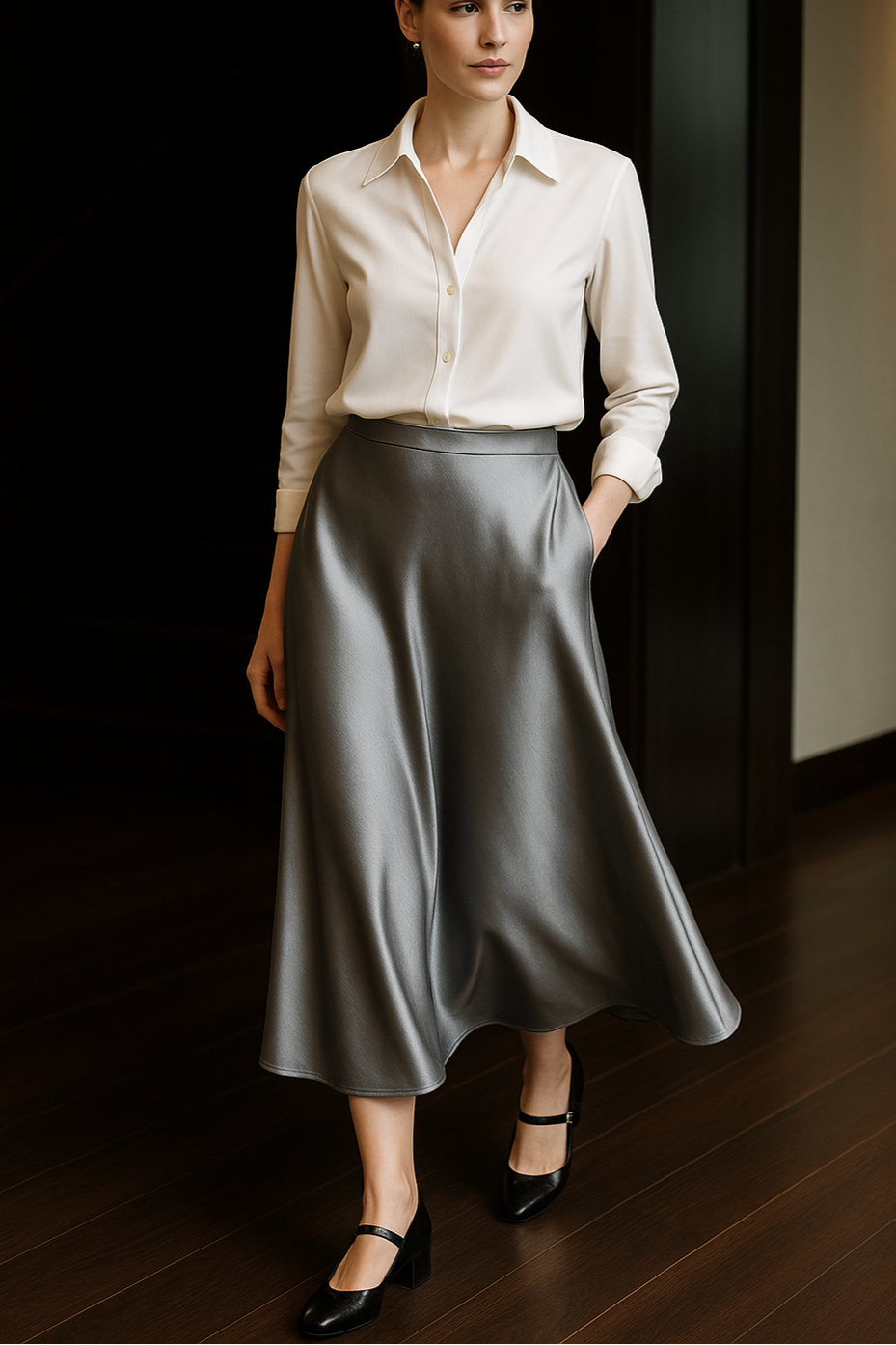 Elegant Silk Satin Midi Skirt