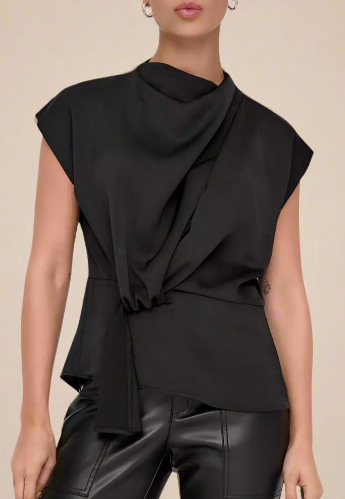 The Draped Silk Tie-Front Top – Noir