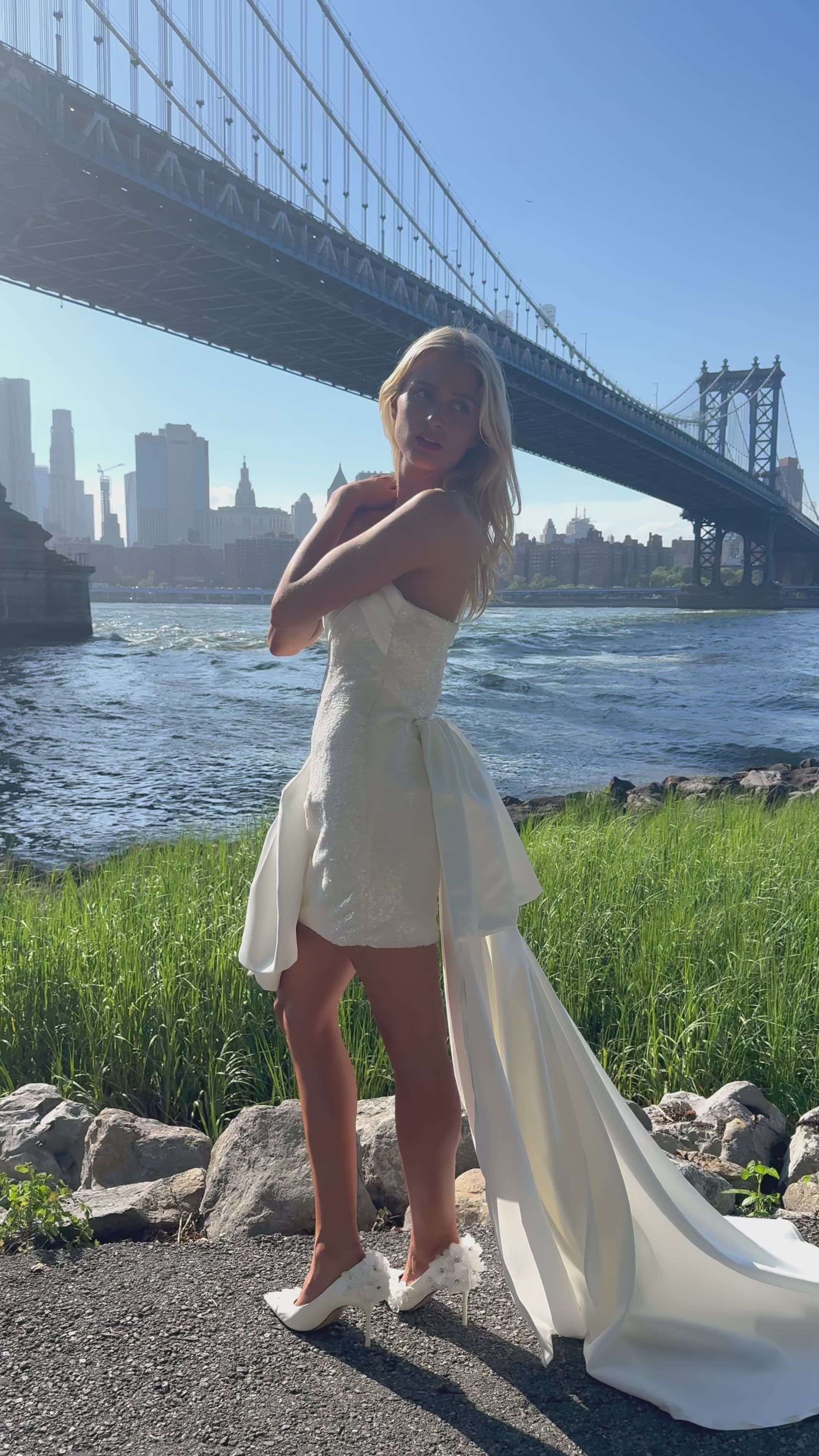 White Strapless Sequin Mini Dress with Satin Overskirt
